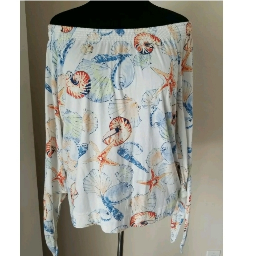CHAPS White Multi Beach Print Shells Blouse Off Sh